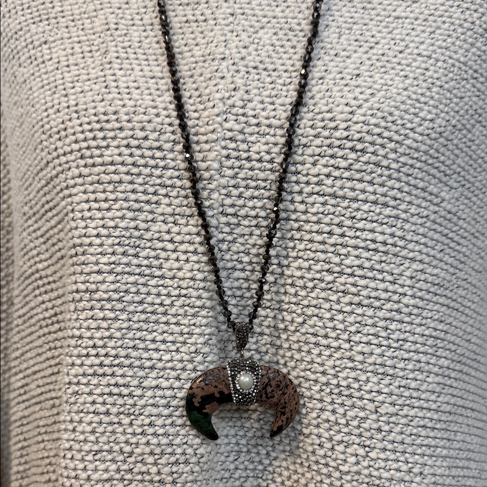 Boho Reversible Crescent Horn Pendant Necklace Green Snakeskin Pearl Brown Stone